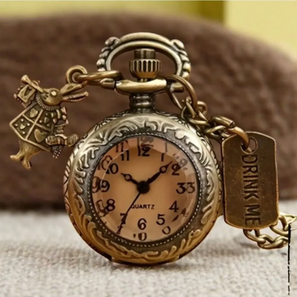 Alice In Wonderland Engraved Antique Bronze Quartz Pocket Watch Necklace Rabbit